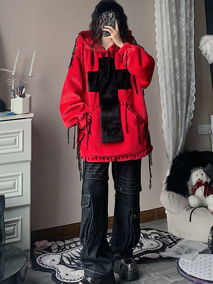 Gothic Cross Faux Fur Hoodie