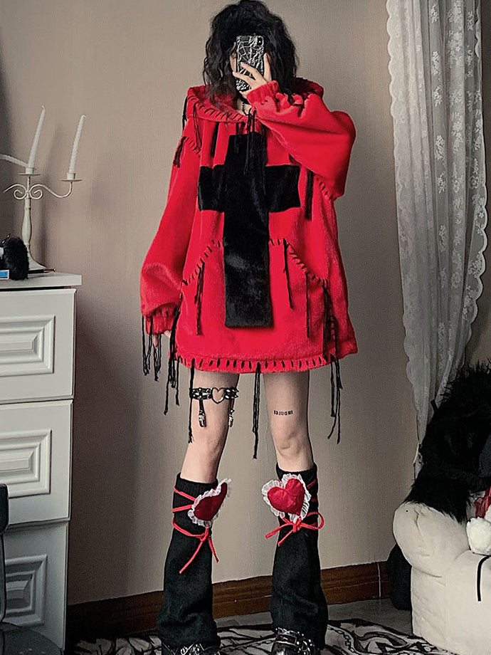 Gothic Cross Faux Fur Hoodie
