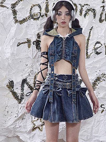 Punk Grommet Strap Hooded Denim Vest