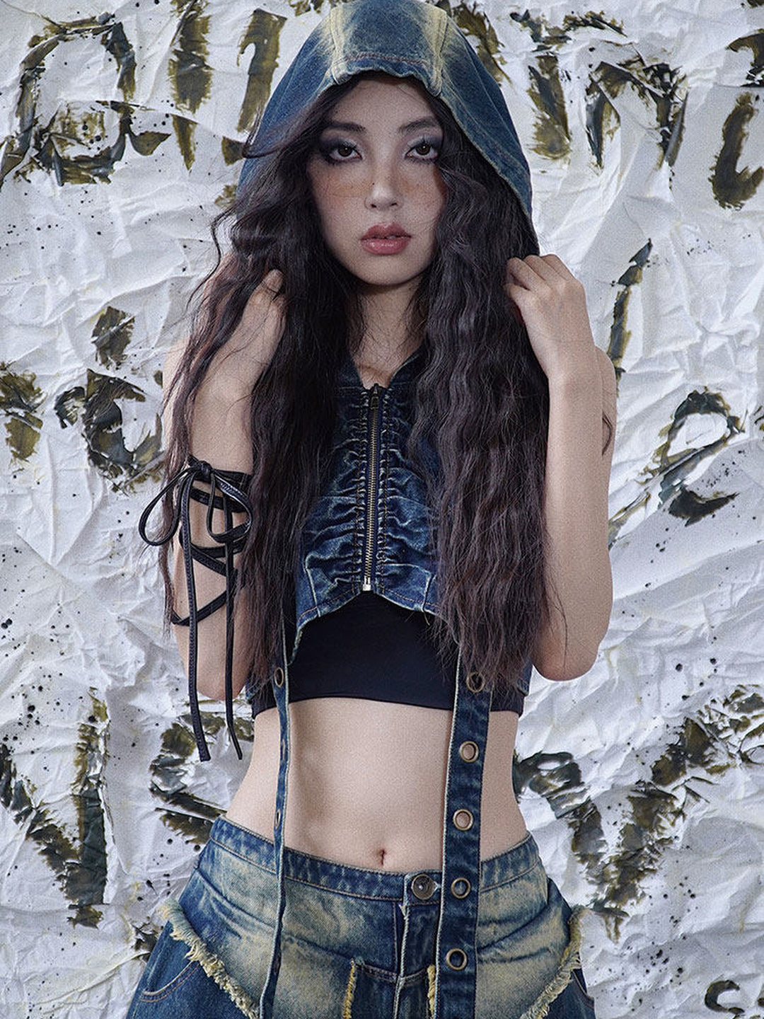 Punk Grommet Strap Hooded Denim Vest