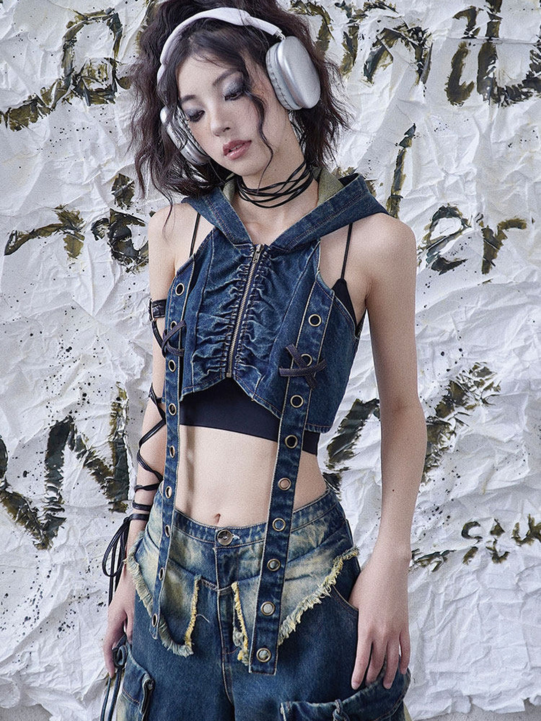 Punk Grommet Strap Hooded Denim Vest