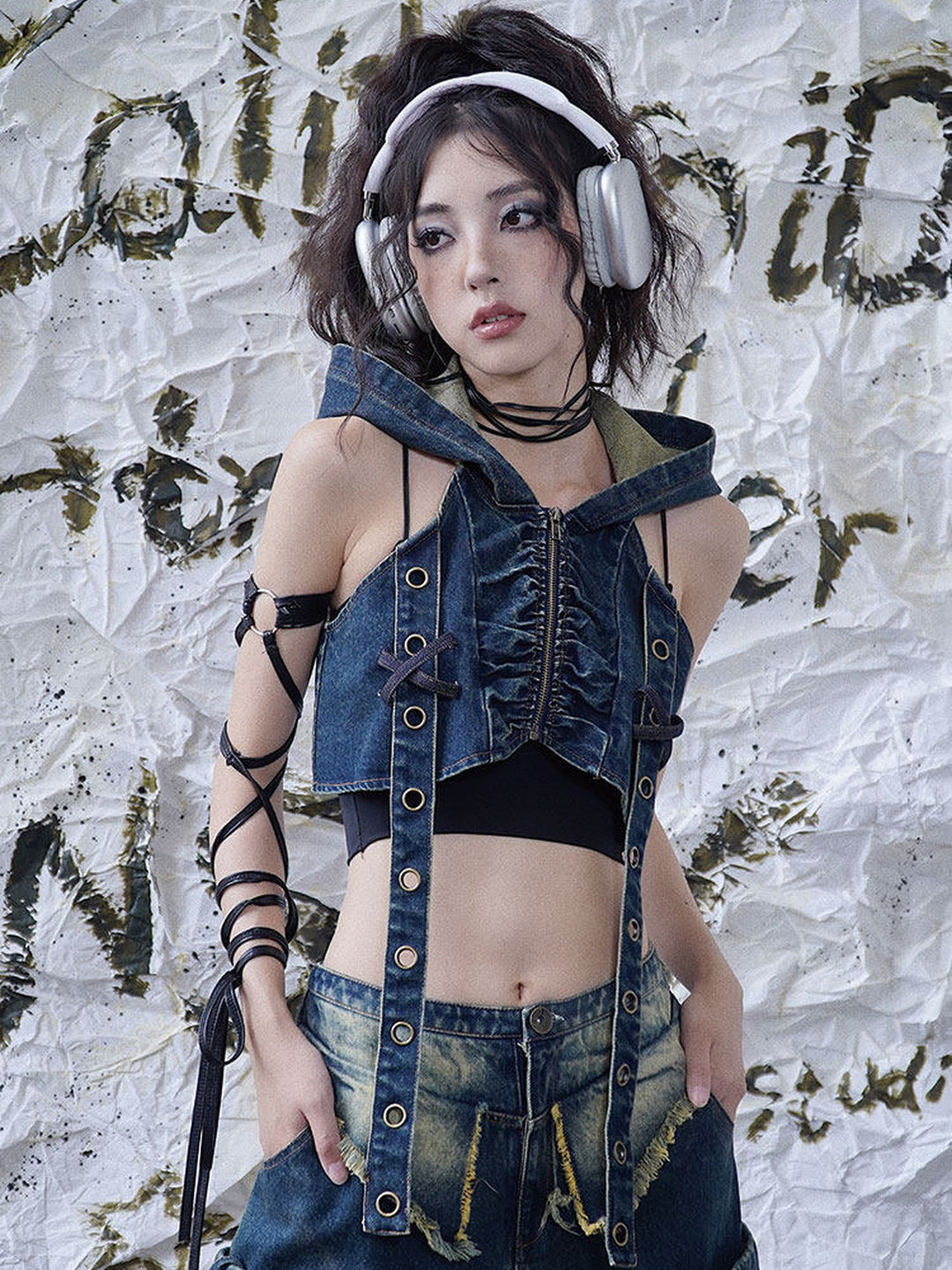 Punk Grommet Strap Hooded Denim Vest