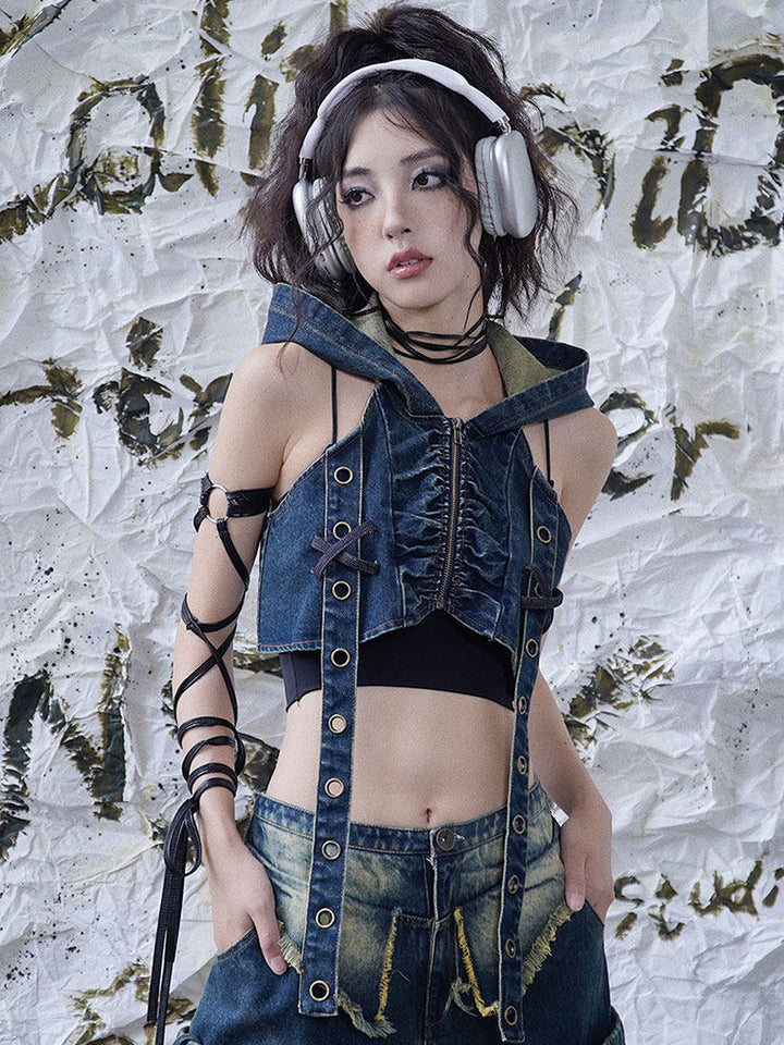 Punk Grommet Strap Hooded Denim Vest