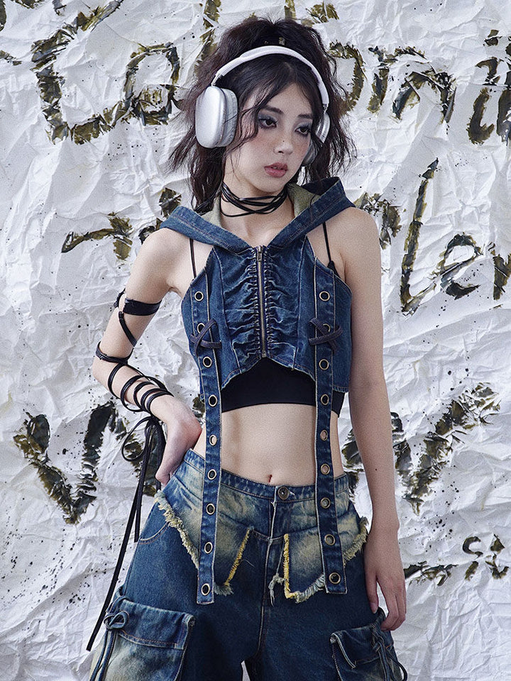 Punk Grommet Strap Hooded Denim Vest