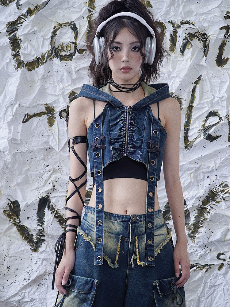 Punk Grommet Strap Hooded Denim Vest