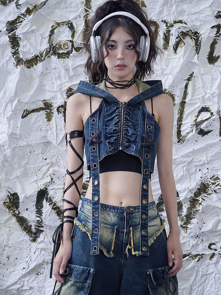 Punk Grommet Strap Hooded Denim Vest