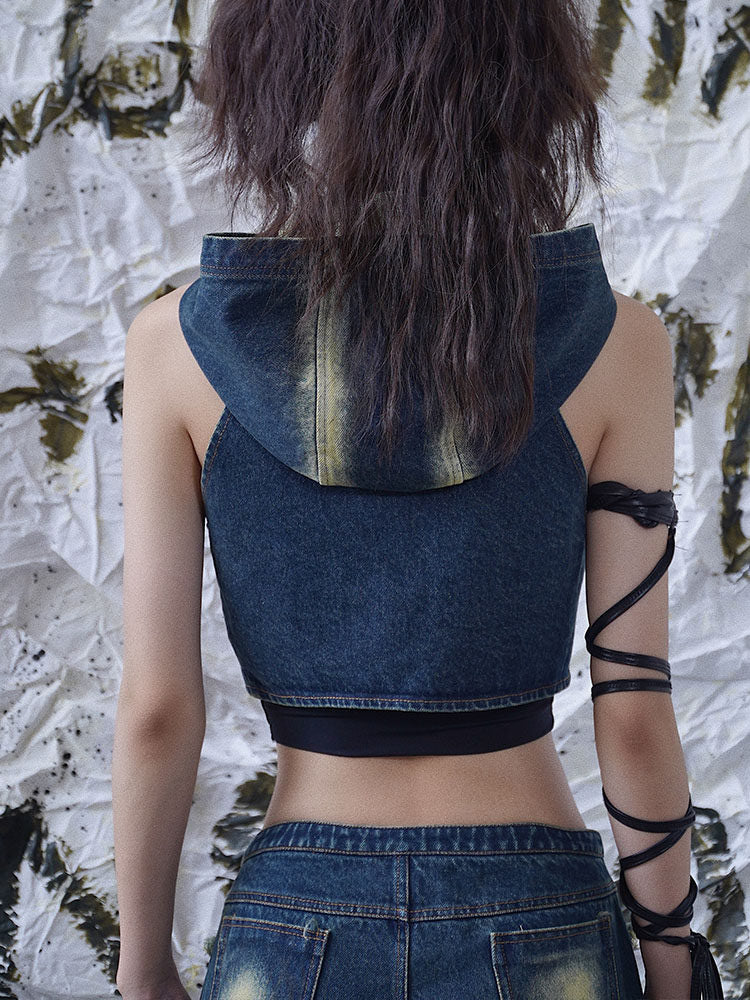 Punk Grommet Strap Hooded Denim Vest
