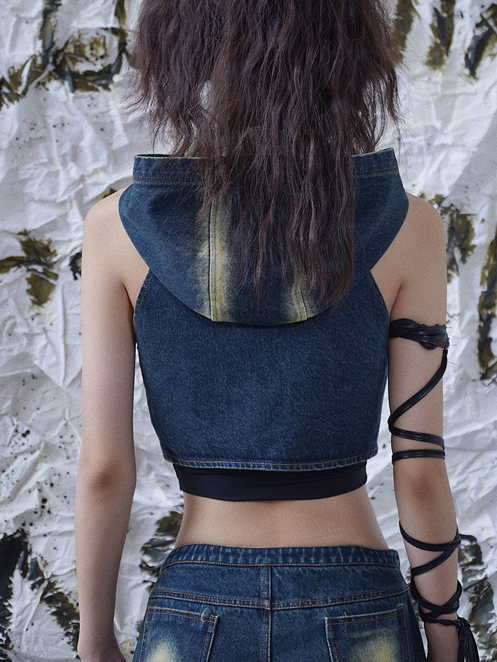 Punk Grommet Strap Hooded Denim Vest