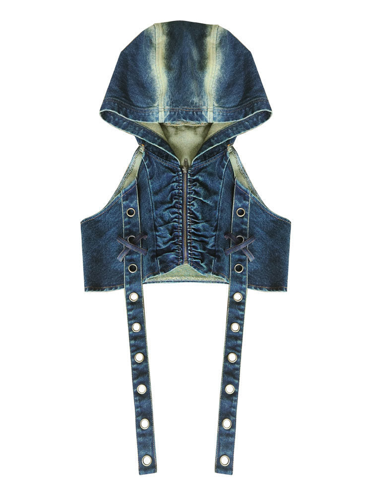 Punk Grommet Strap Hooded Denim Vest