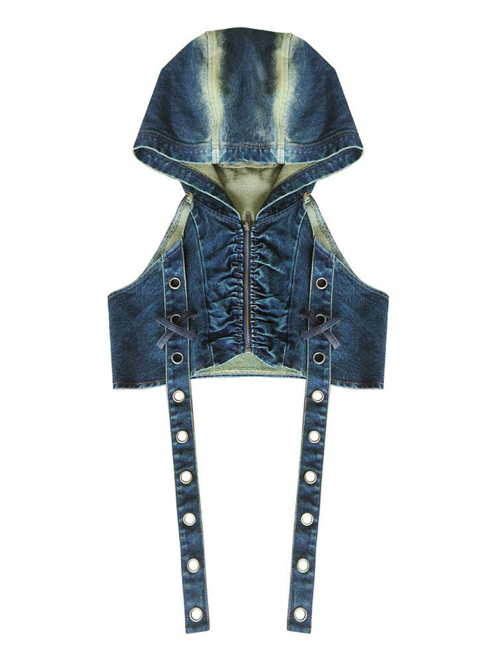 Punk Grommet Strap Hooded Denim Vest
