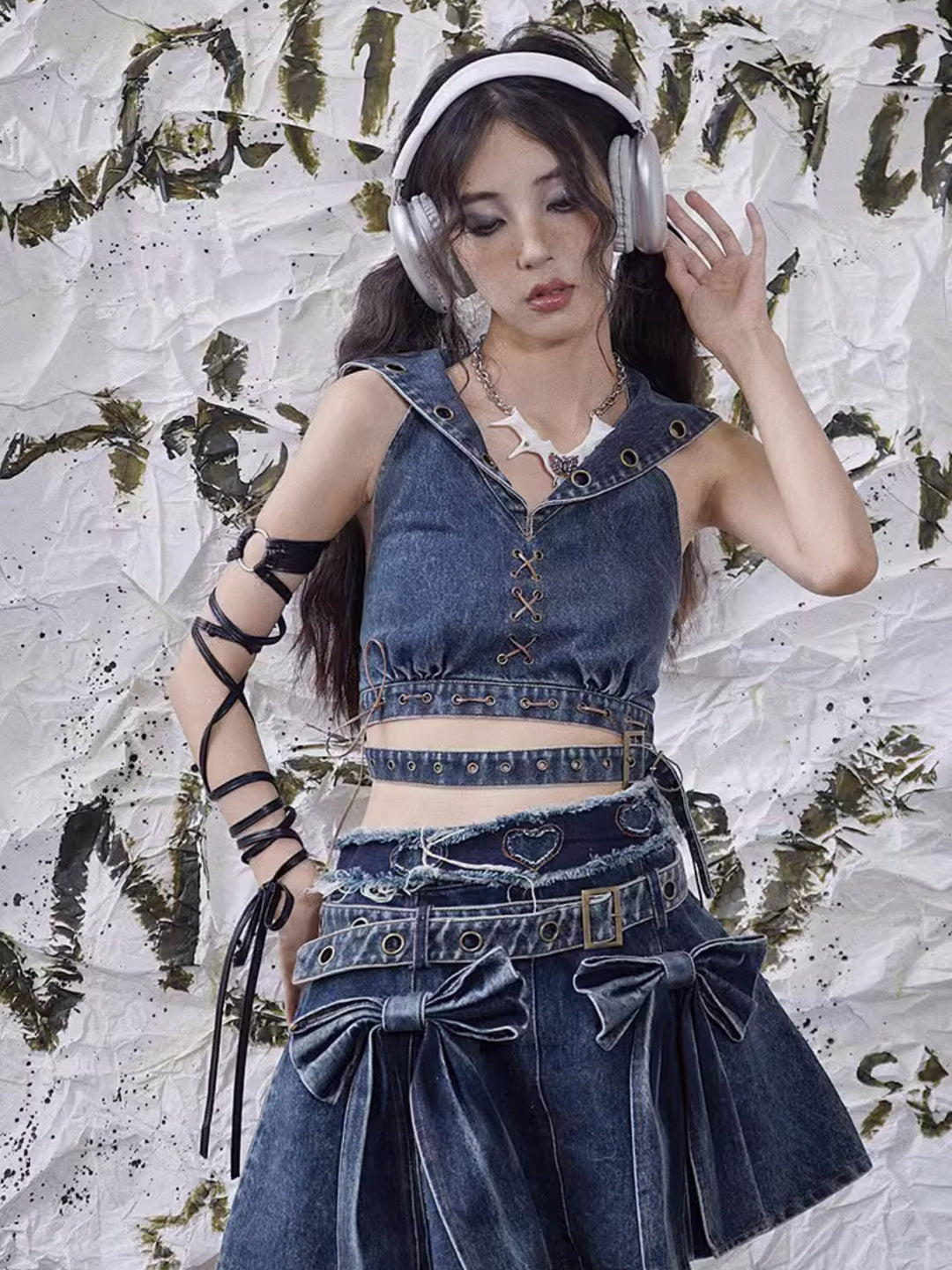 Punk Sailor Collar Denim Crop Top