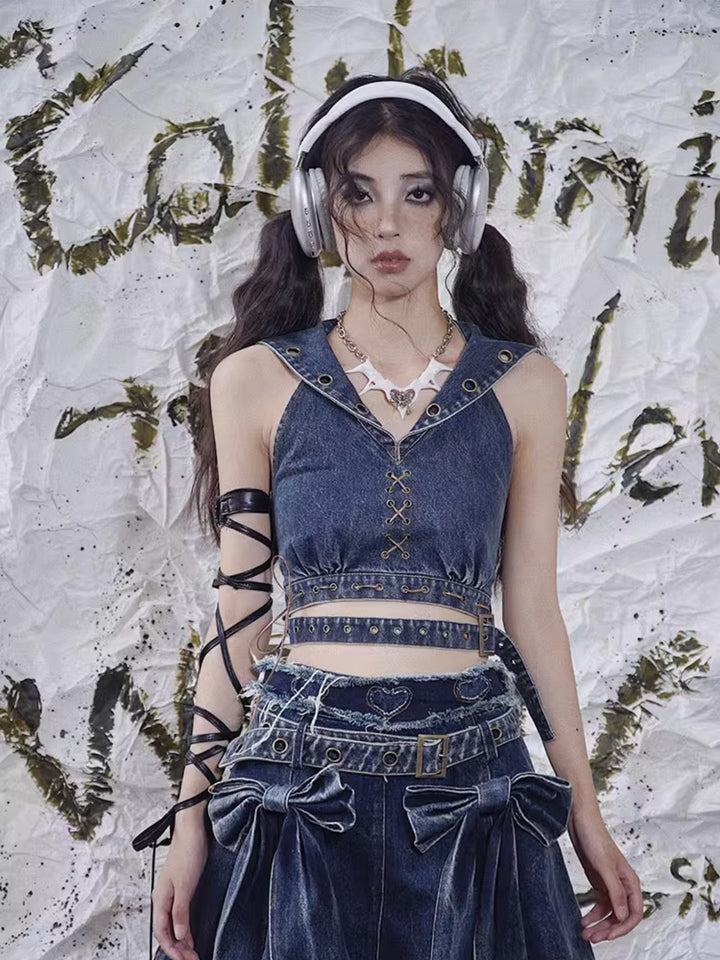 Punk Sailor Collar Denim Crop Top