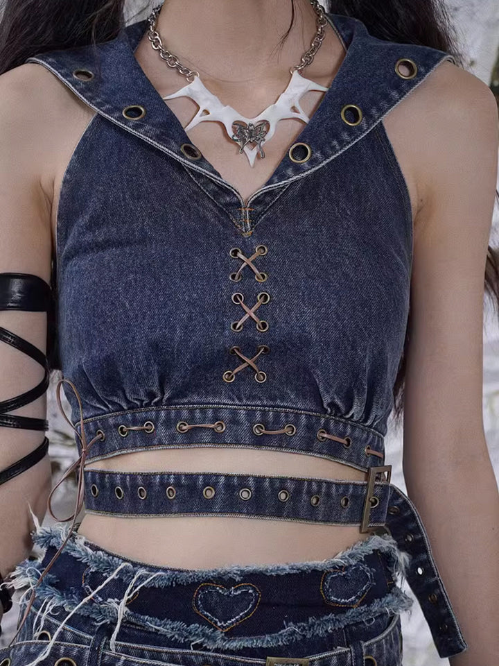 Punk Sailor Collar Denim Crop Top