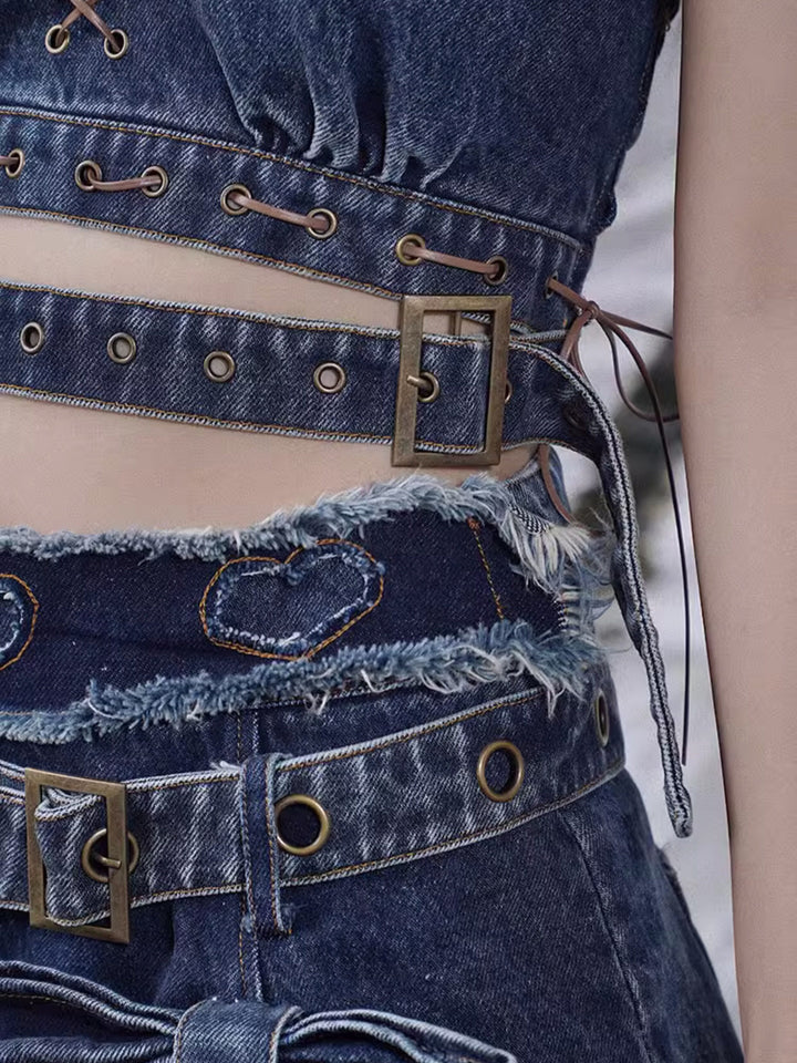 Punk Sailor Collar Denim Crop Top