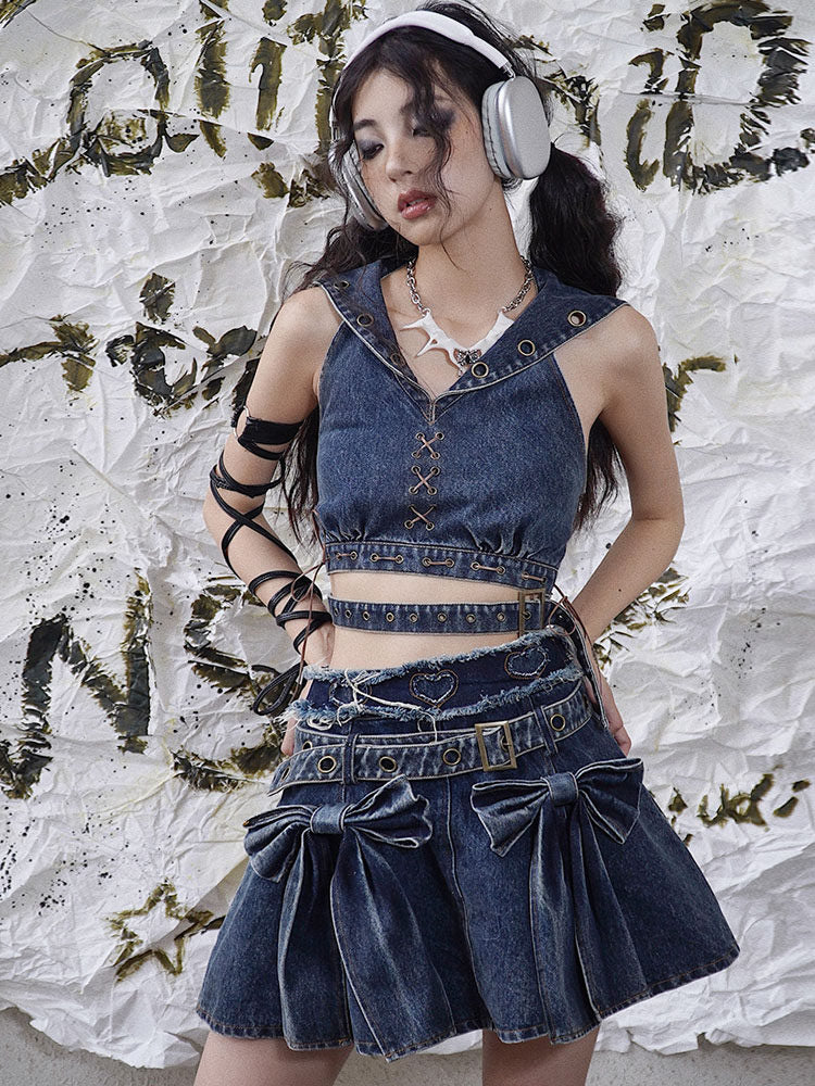 Punk Sailor Collar Denim Crop Top