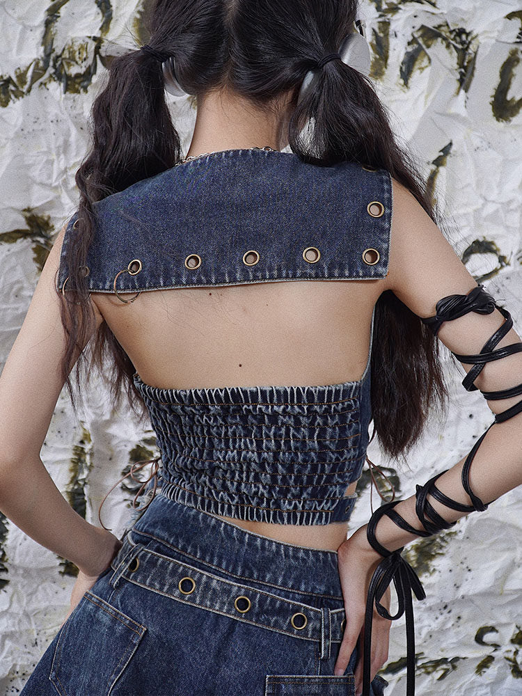 Punk Sailor Collar Denim Crop Top