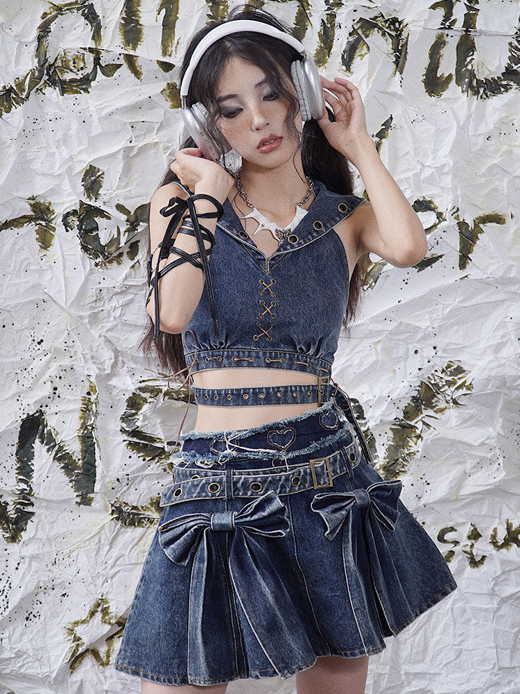 Punk Sailor Collar Denim Crop Top