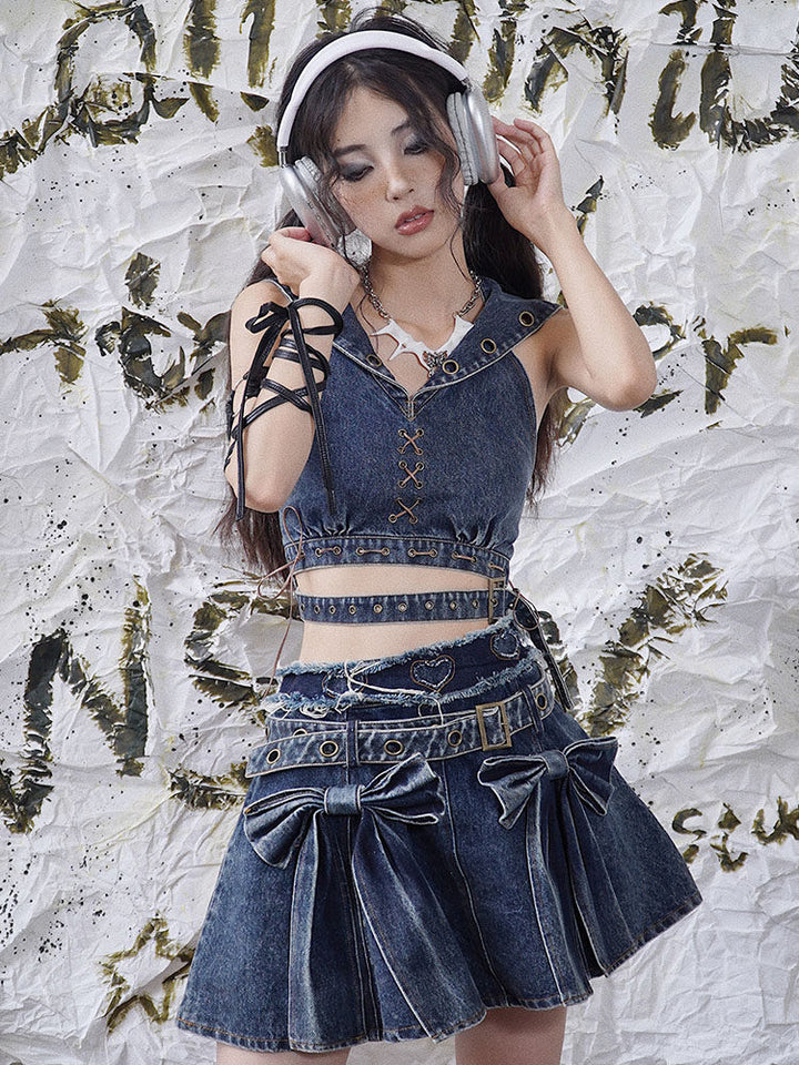 Punk Sailor Collar Denim Crop Top