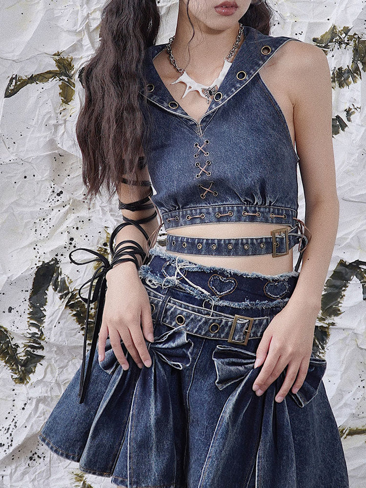 Punk Sailor Collar Denim Crop Top