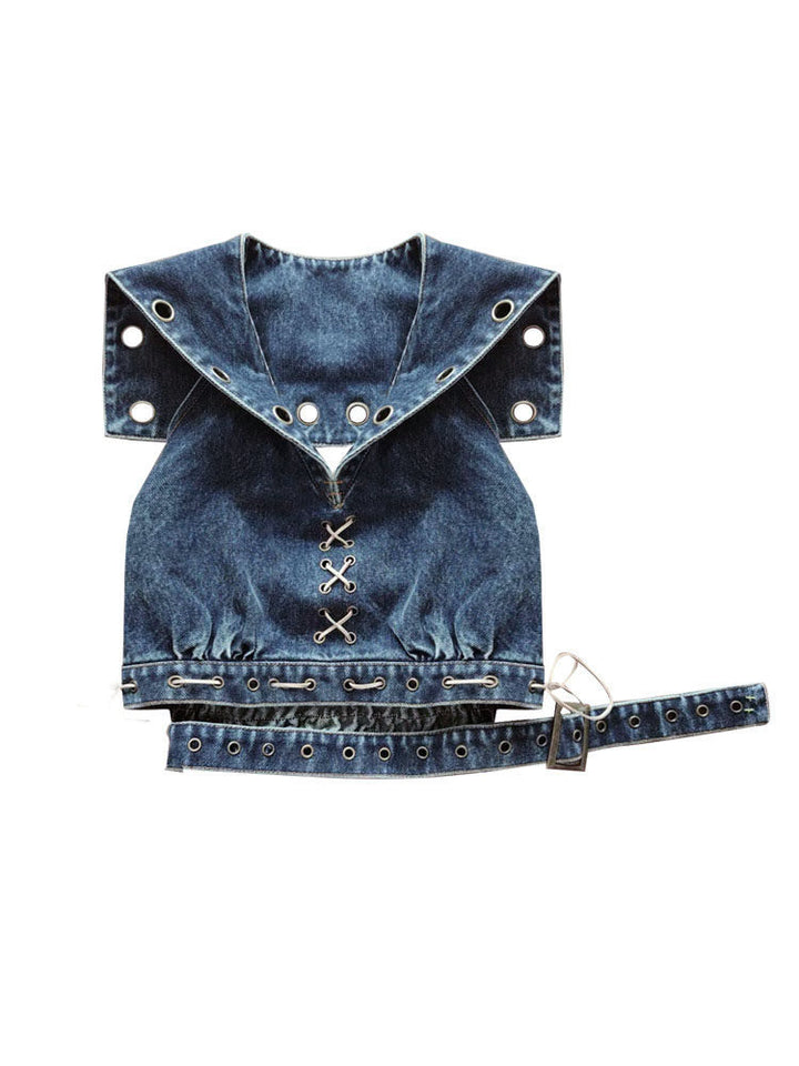 Punk Sailor Collar Denim Crop Top