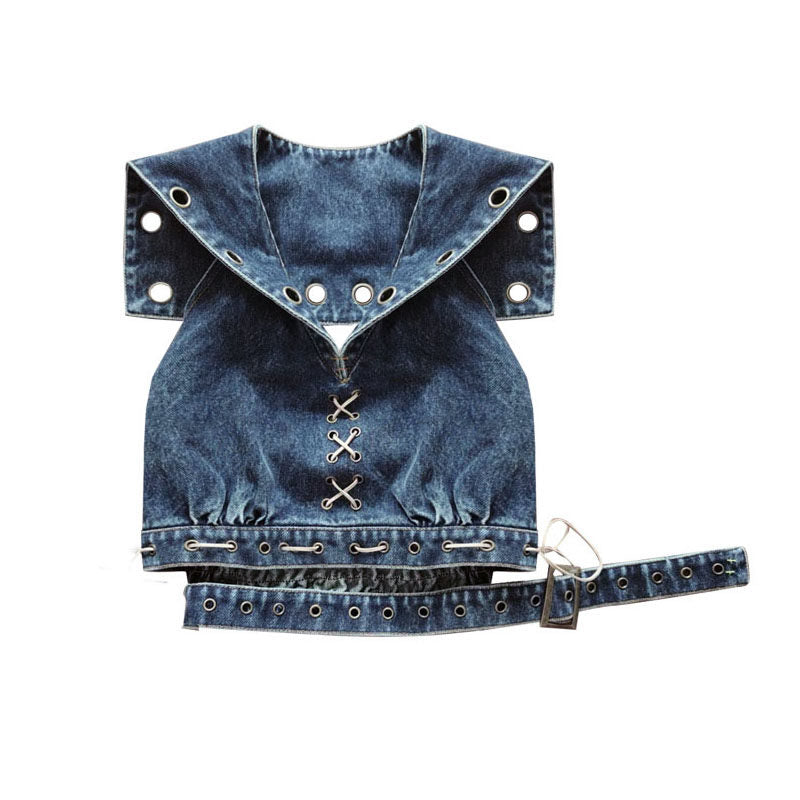 Punk Sailor Collar Denim Crop Top