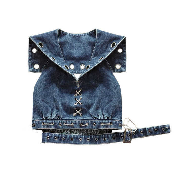 Punk Sailor Collar Denim Crop Top