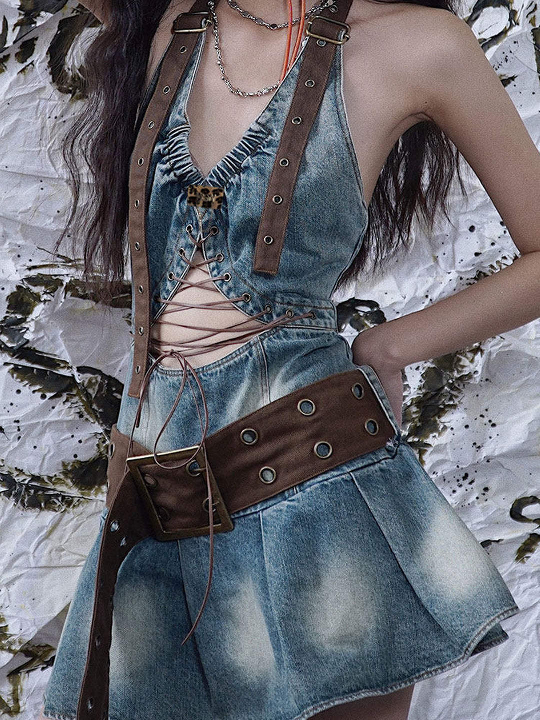 Lace-Up Cutout Denim Mini Dress