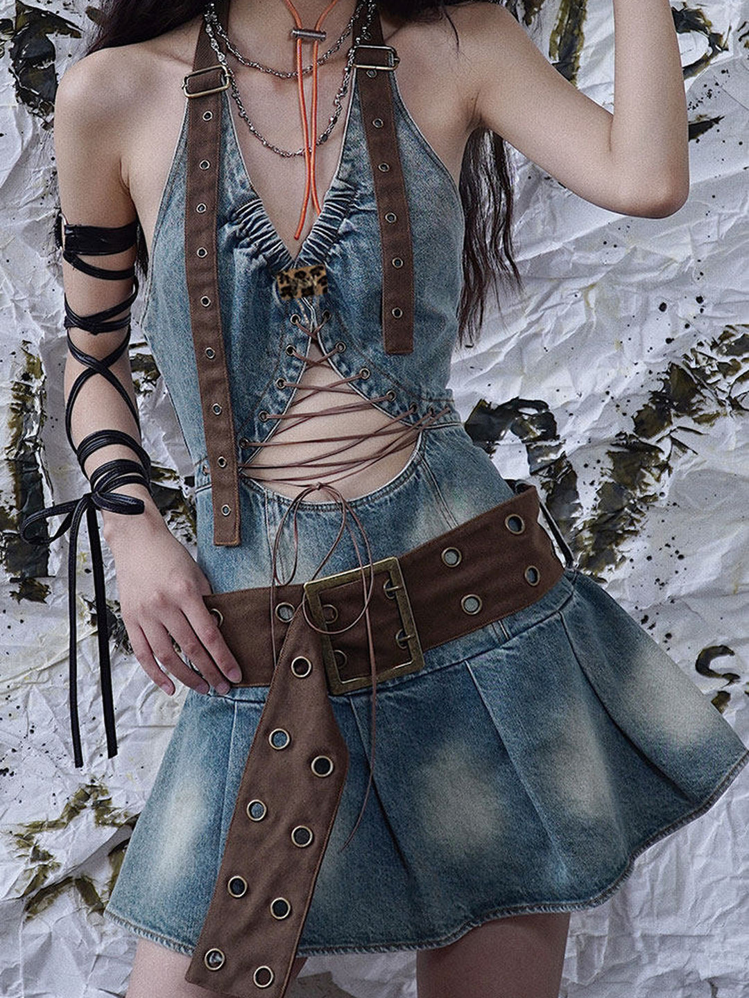 Lace-Up Cutout Denim Mini Dress