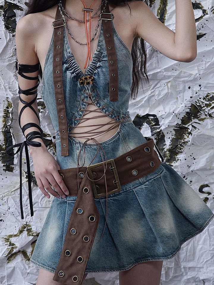 Lace-Up Cutout Denim Mini Dress