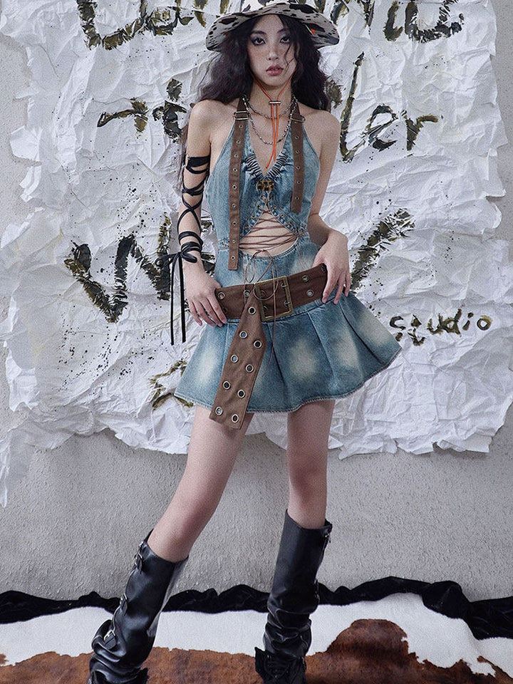 Lace-Up Cutout Denim Mini Dress