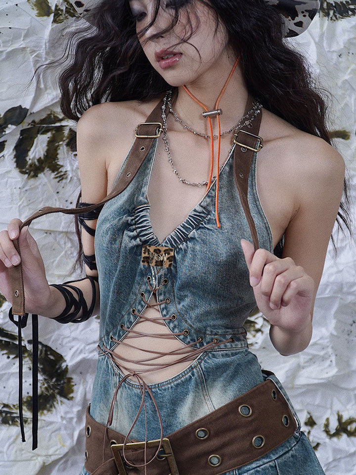 Lace-Up Cutout Denim Mini Dress