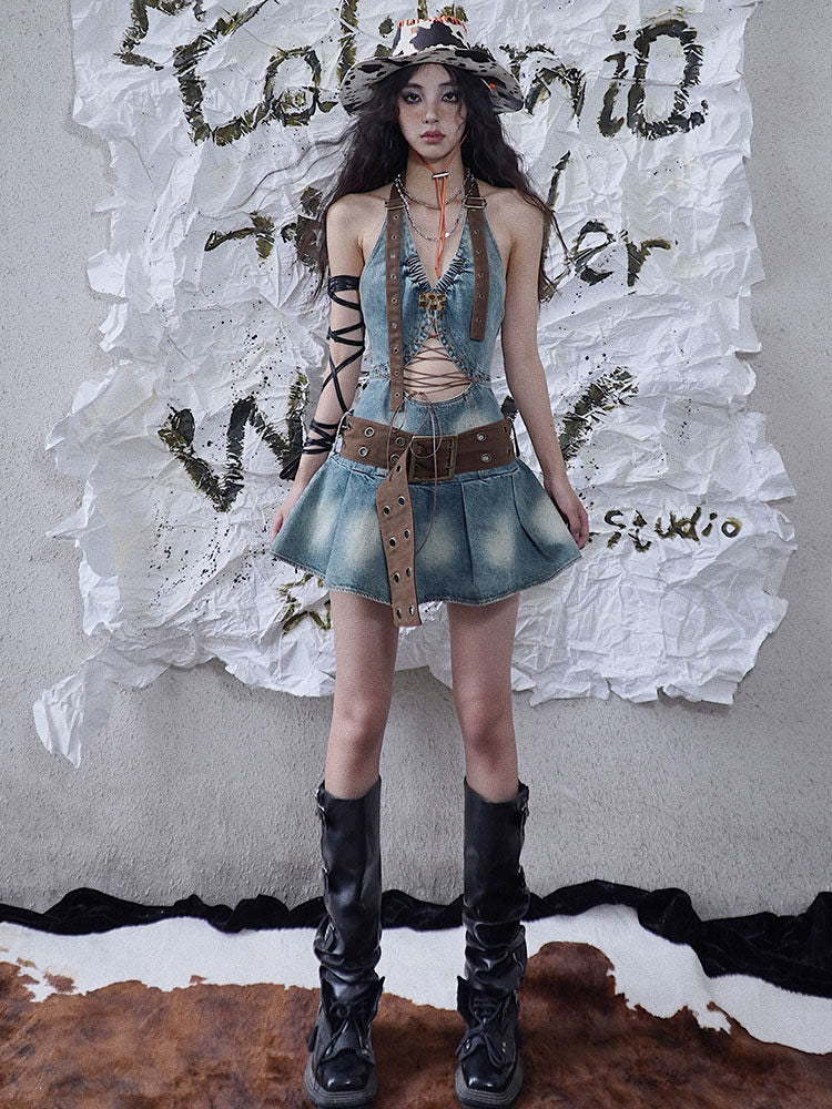 Lace-Up Cutout Denim Mini Dress