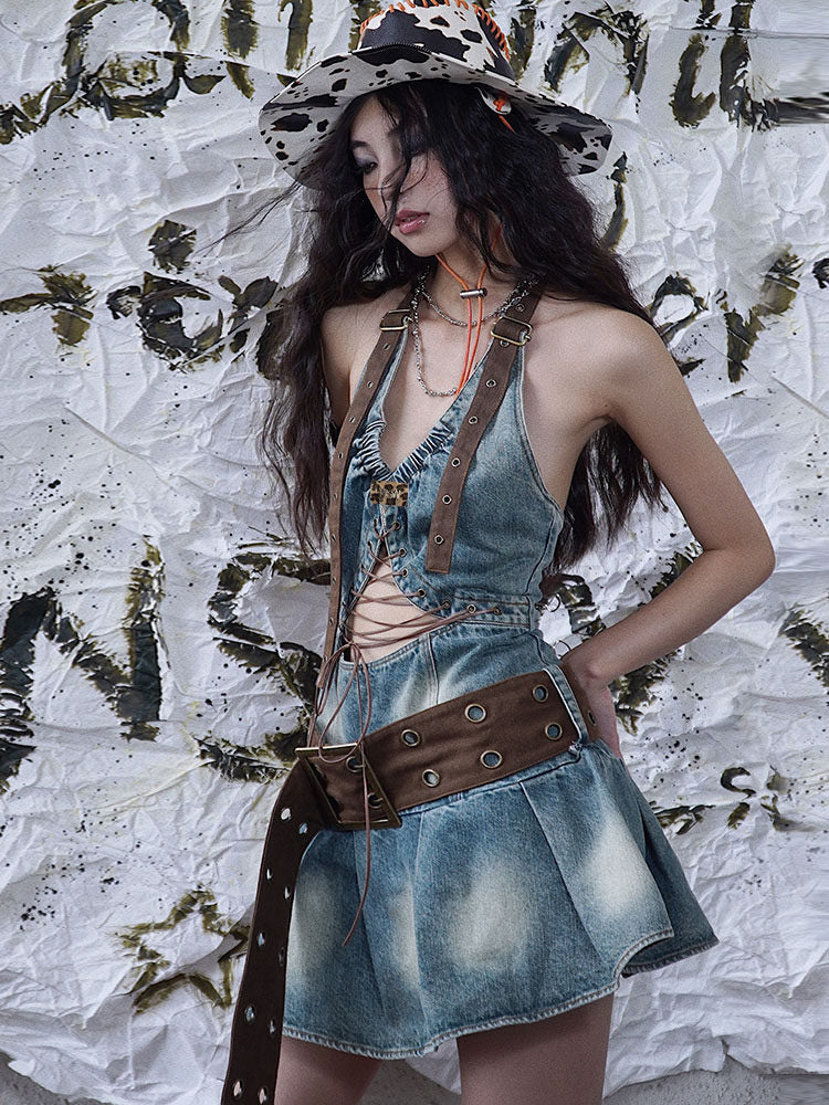 Lace-Up Cutout Denim Mini Dress