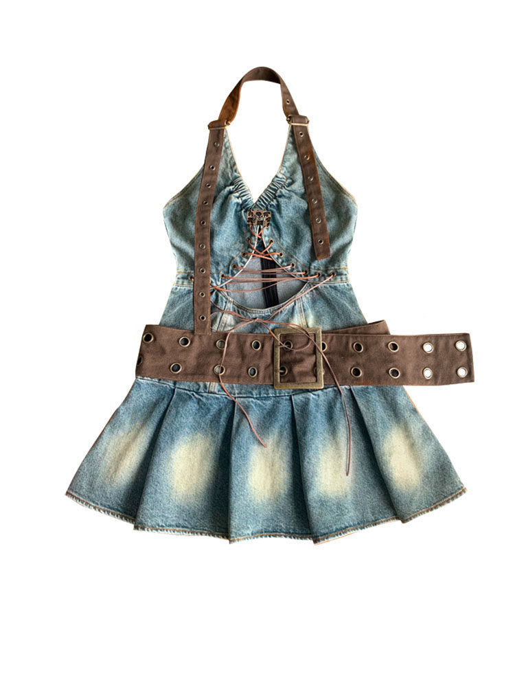 Lace-Up Cutout Denim Mini Dress