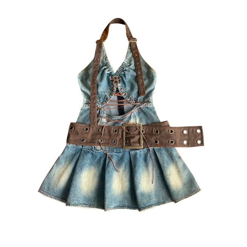 Lace-Up Cutout Denim Mini Dress