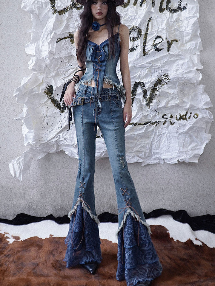 Y2K Lace-Up Ruffle Flare Jeans