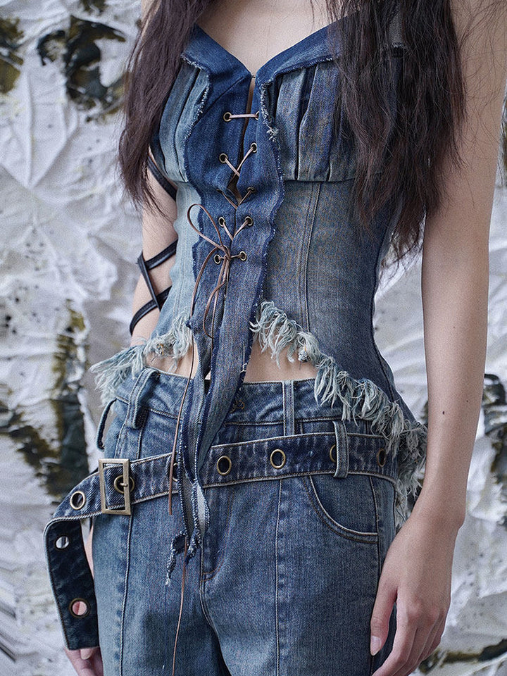 Y2K Lace-Up Ruffle Flare Jeans
