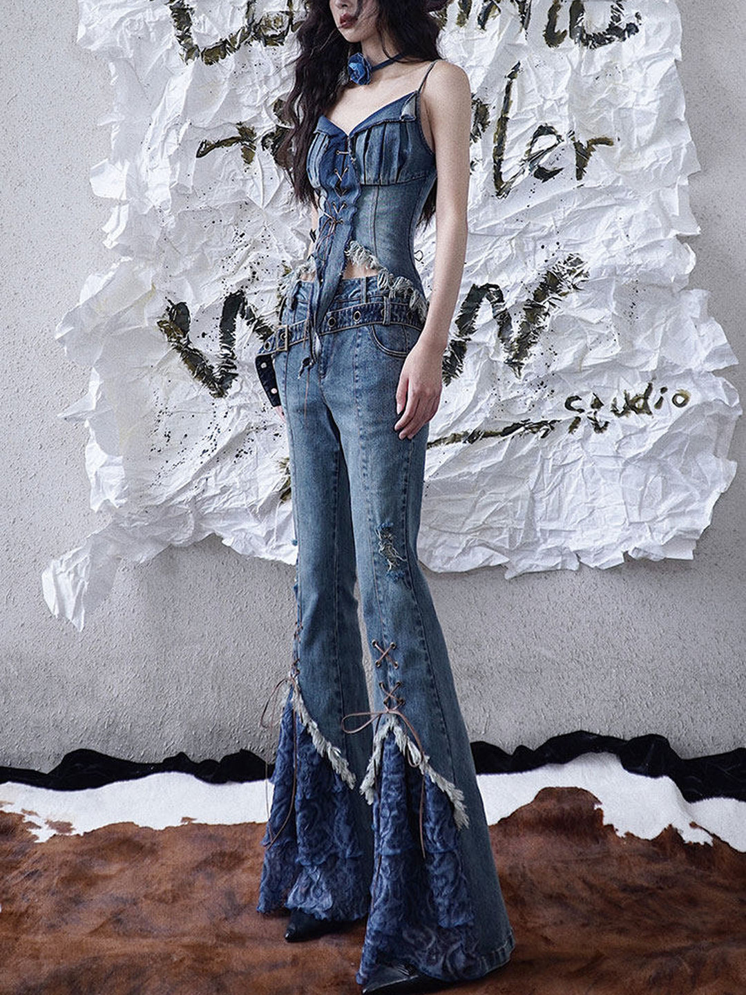 Y2K Lace-Up Ruffle Flare Jeans