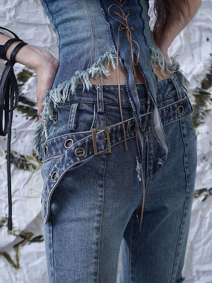 Y2K Lace-Up Ruffle Flare Jeans
