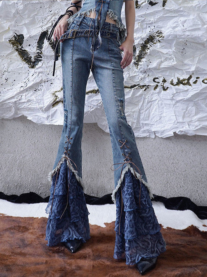 Y2K Lace-Up Ruffle Flare Jeans