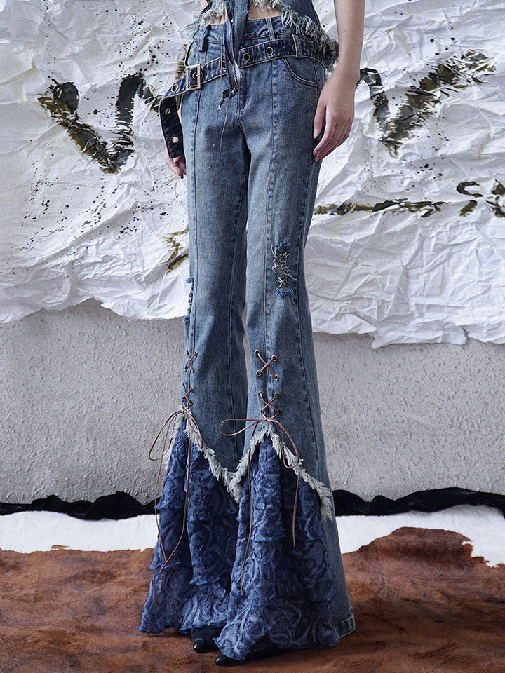 Y2K Lace-Up Ruffle Flare Jeans