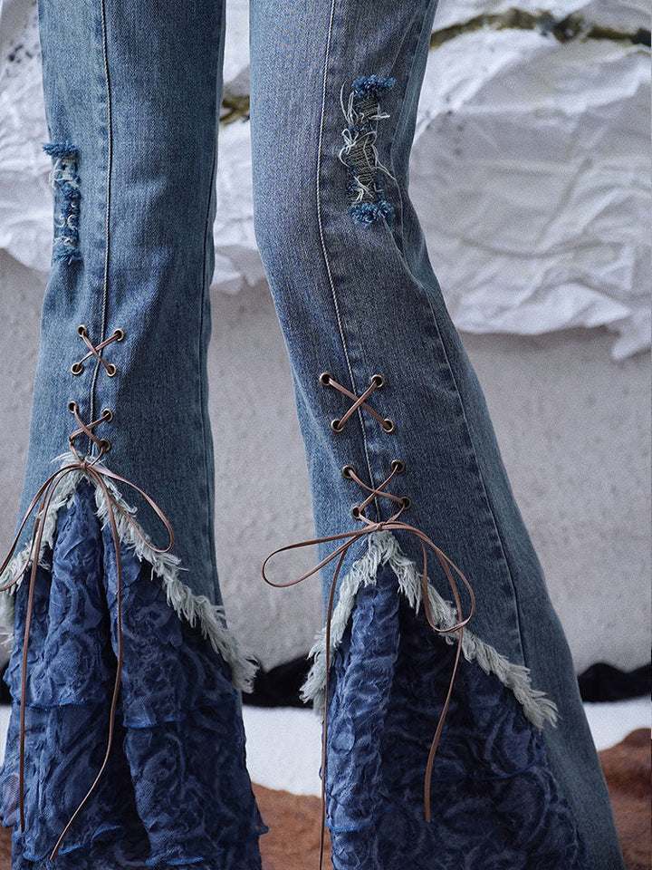 Y2K Lace-Up Ruffle Flare Jeans