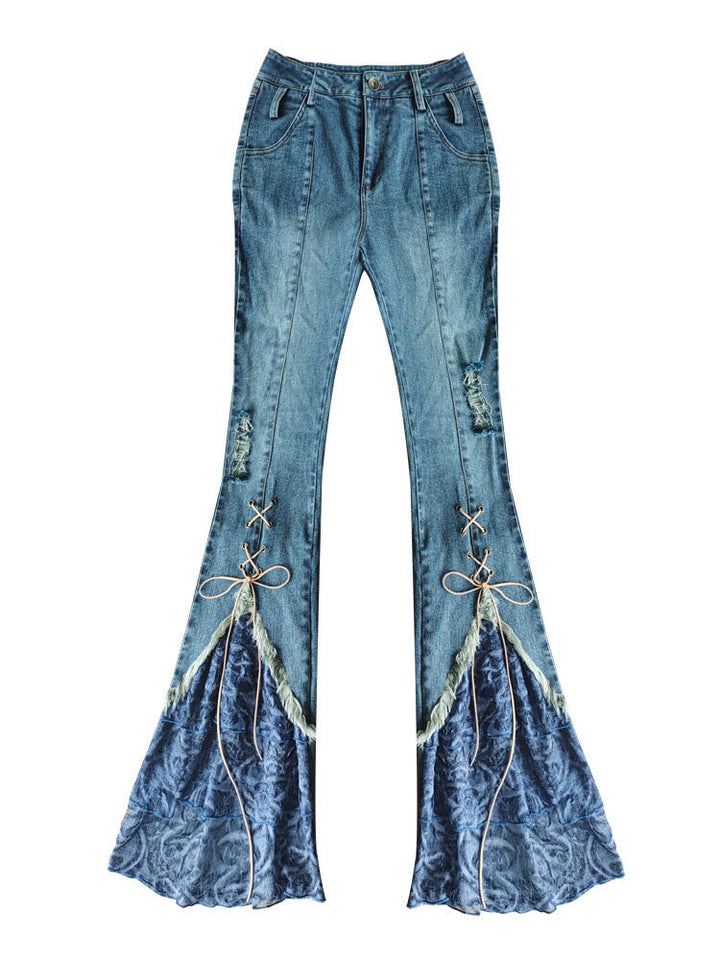 Y2K Lace-Up Ruffle Flare Jeans