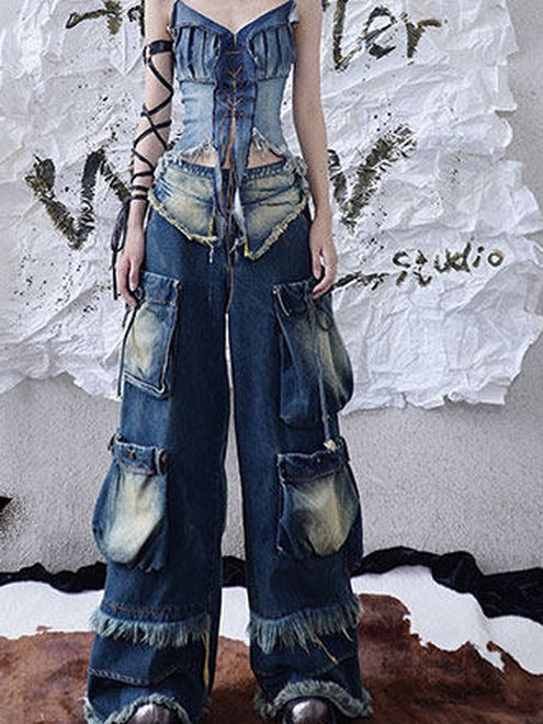 Distressed Cargo Wide Leg Jeans