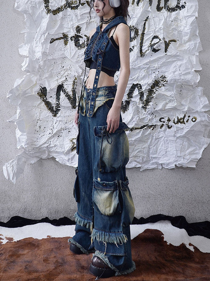 Distressed Cargo Wide Leg Jeans
