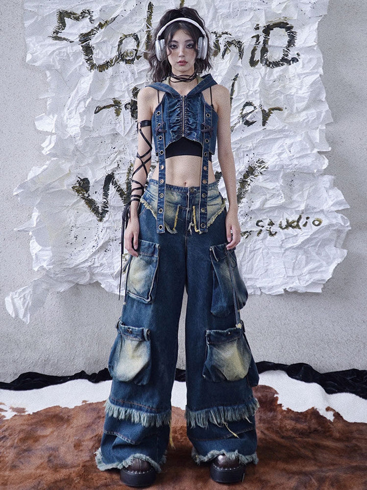 Distressed Cargo Wide Leg Jeans