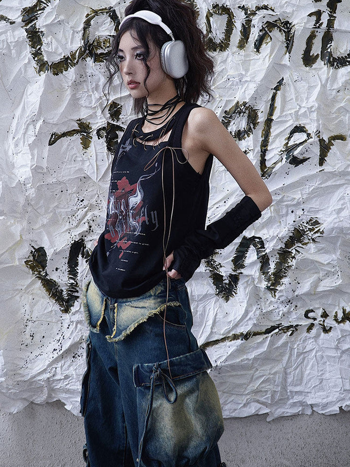 Punk Asymmetric Lace-Up Tank Top