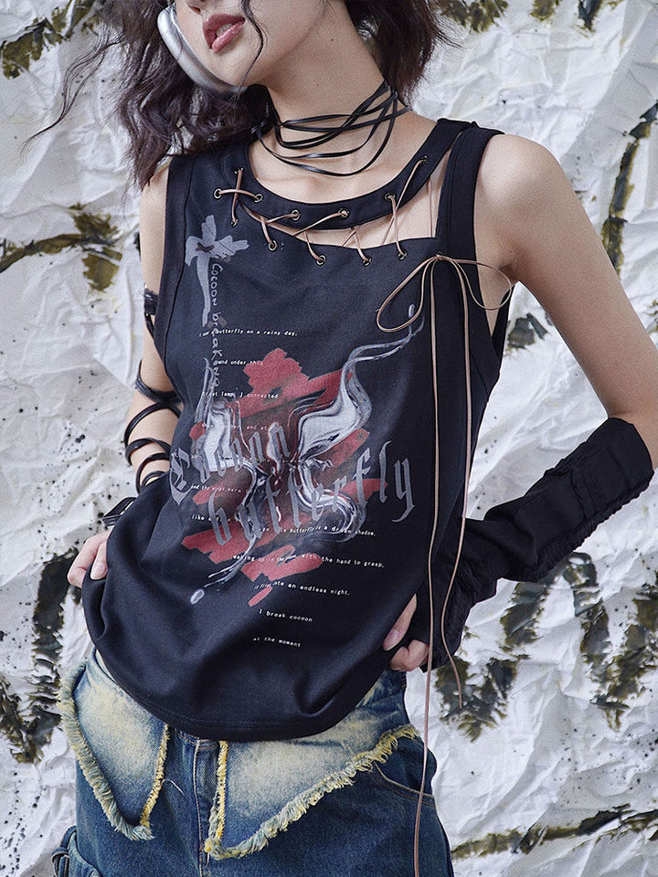 Punk Asymmetric Lace-Up Tank Top
