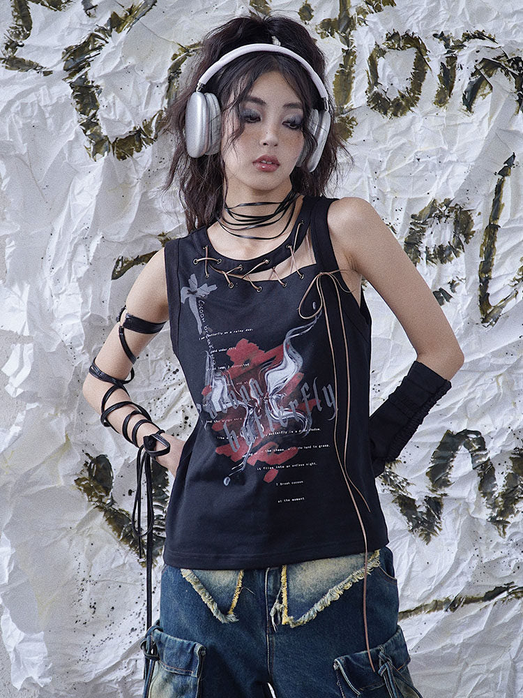 Punk Asymmetric Lace-Up Tank Top