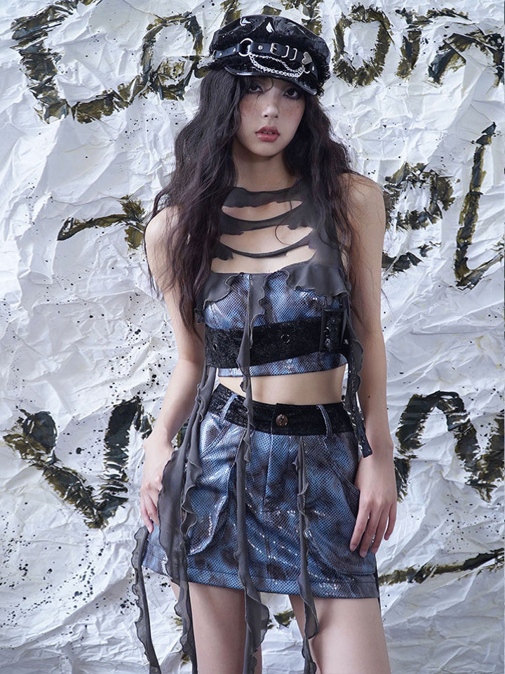 Y2K Metallic Fringe Mini Skirt